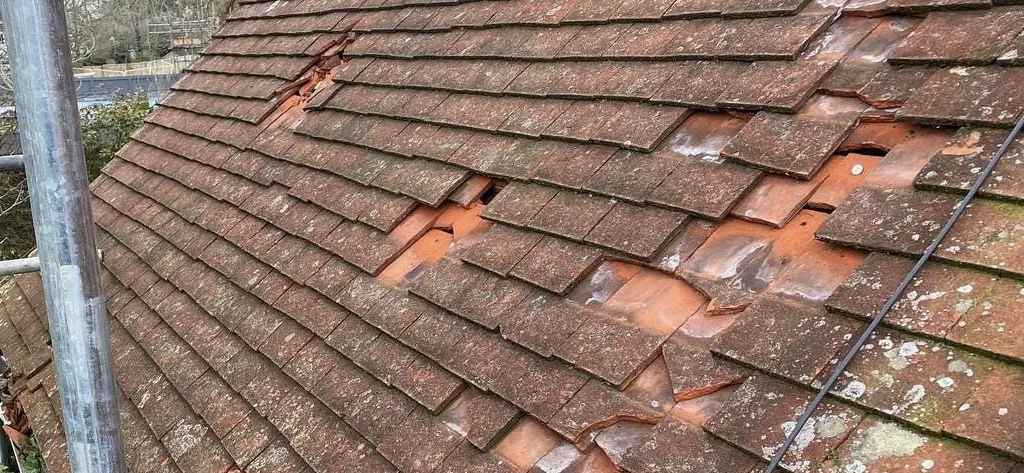 Slate roofing tiles being repairs on a wooden framework by Drivers Building & Roofing.