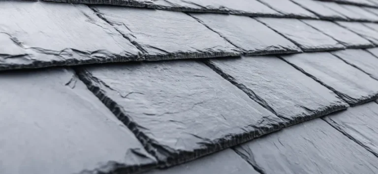 Aerial view of a slate roof on a residential building.
